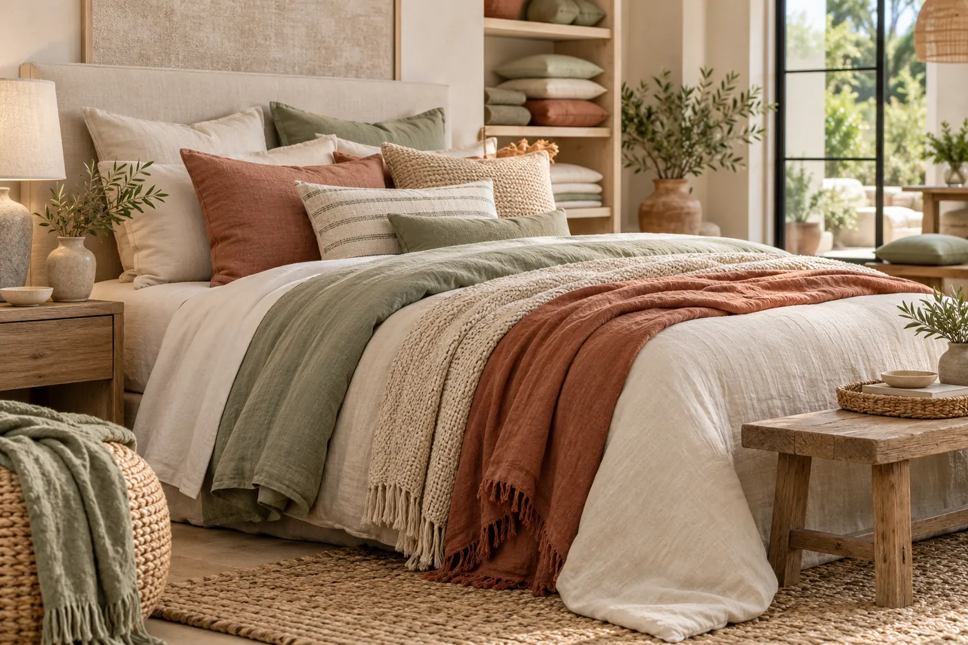 Styled bedroom display with layered bedding