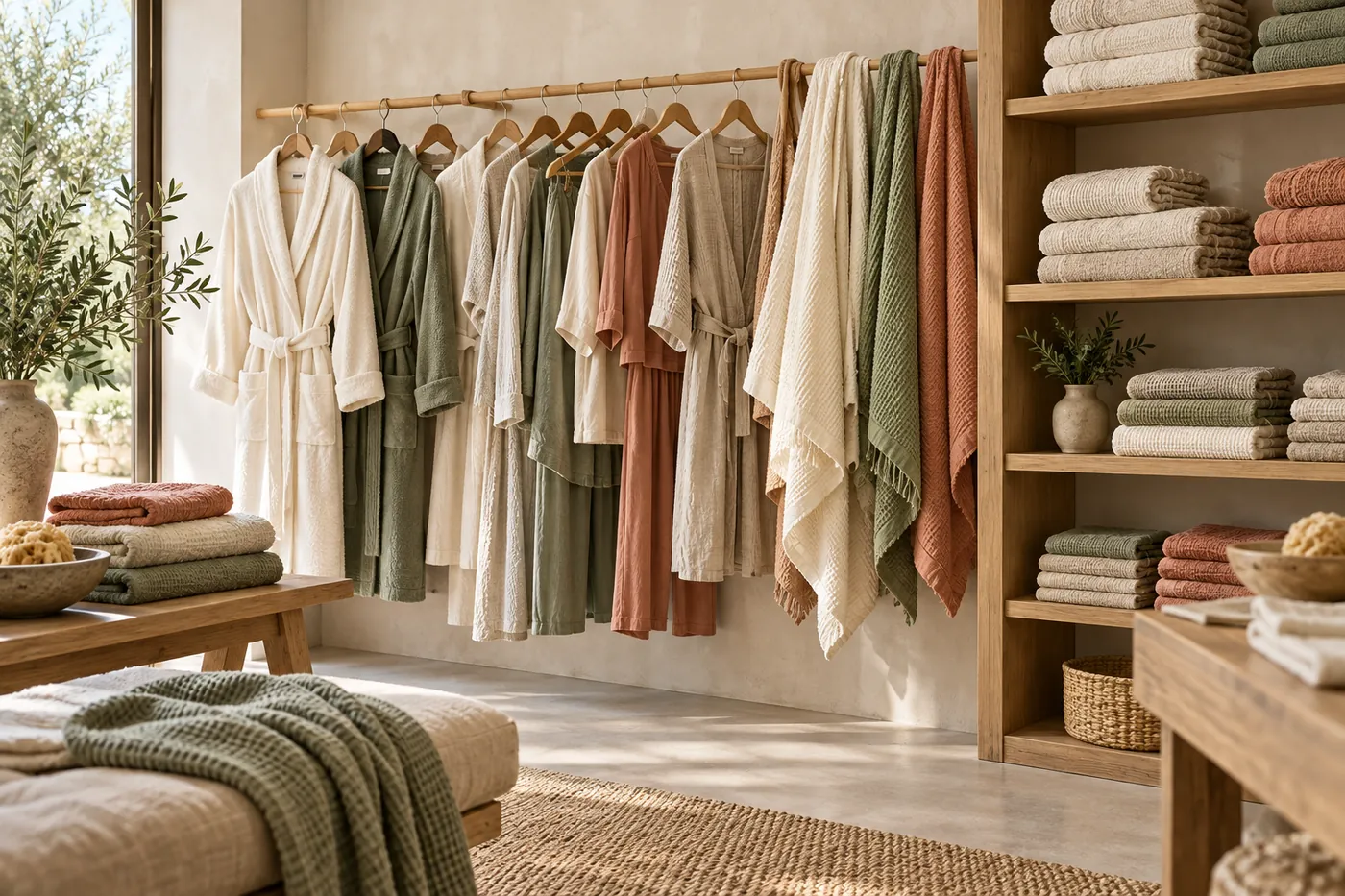 Bathrobes, loungewear and towels on display